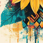 Close-up of a vibrant sunflower with detailed yellow petals and textured background featuring abstract splashes of teal, orange, and black, in a watercolor art style