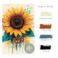 Vibrant watercolor-style sunflower artwork with yellow petals and abstract splashes of teal, orange, black, and white, featuring color palette swatches labeled Comfort Zone, Cara Cara, Smoked Out, and Gotham