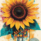 Decoupage-style artwork of a large sunflower with yellow petals and detailed dark center, featuring layered paper cutouts and textured patterns on a neutral background