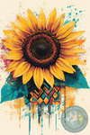 Decoupage-style artwork of a large sunflower with yellow petals and detailed dark center, featuring layered paper cutouts and textured patterns on a neutral background