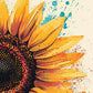 Close-up of a textured green leaf with visible veins and painted edges, part of a sunflower artwork with vibrant yellow petals and abstract background