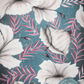 

Elegant floral pattern featuring large white hibiscus flowers with soft shading, pink and purple leaves, and small dark purple buds on a dark blue background.