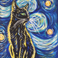 "Impressionist-style painting of a black cat with green eyes against a swirling blue and yellow nighttime sky, reminiscent of Van Gogh's Starry Night