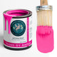 A can of Daydream Apothecary neon pink chalk paint with the text 'NEONS BY ANISSA' on the label, next to a paintbrush with neon pink paint on it.