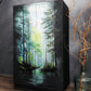A serene forest scene in blue and green decoupage artwork adorning a black armoire, showcasing a peaceful woodland design with trees in shades of blue and green