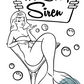 Black-and-white coloring page of a mermaid with a fish tail, holding a fishing rod, surrounded by bubbles, with a sign that says 'The Salty Siren' in cartoon style
