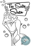 Black-and-white coloring page of a mermaid with a fish tail, holding a fishing rod, surrounded by bubbles, with a sign that says 'The Salty Siren' in cartoon style