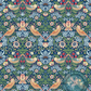 Decorative decoupage paper in a floral and bird pattern in vintage style inspired by William Morris, featuring detailed leaves, flowers, and perched birds in navy, pink, green, and cream colors, suitable for wallpaper or textile design