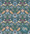 Decorative decoupage paper in a floral and bird pattern in vintage style inspired by William Morris, featuring detailed leaves, flowers, and perched birds in navy, pink, green, and cream colors, suitable for wallpaper or textile design