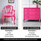 Comparison of pink furniture painted with 8 oz and 16 oz of artisan chalk paint. Showcasing examples of a pink chair, side table, and home decor with 8 oz coverage, and a pink dresser, end tables, and dining room table with 16 oz coverage, demonstrating paint coverage differences for home furniture projects
