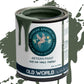A can of 'Old World' olive green Manzanilla clay and chalk paint with some paint dripped on the label.