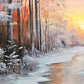 A decoupage tissue paper with a winter sunrise landscape featuring snow-covered trees and a body of water.