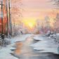 Serene winter landscape at sunset, featuring a frozen river surrounded by snow-covered trees, with vibrant orange and pink hues illuminating the sky