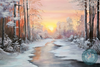 Serene winter landscape at sunset, featuring a frozen river surrounded by snow-covered trees, with vibrant orange and pink hues illuminating the sky