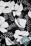 Black and white floral art pattern with hibiscus flowers and leaves, featuring a central watermark from 'daydream apothecary'